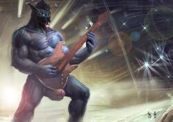 absurd_res anthro balls canid canine canis electric_guitar erection exhibitionism fangs genitals gig guitar hi_res kemono male male_only mammal muscular musical_instrument nude penis playing_music plucked_string_instrument public scar solo string_instrument wolf yinhu885