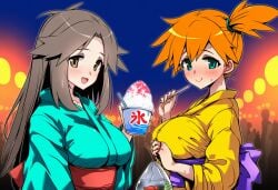 2girls :d ai_generated alternate_breast_size alternate_costume aqua_eyes bag bagged_fish blue_eyes blush breasts brown_eyes brown_hair closed_mouth clothing crowd female festival fish food goldfish hair_flaps holding huge_breasts japanese_clothes kasumi_(pokemon) kimono lantern large_breasts leaf_(pokemon) long_hair looking_at_viewer multiple_females multiple_girls night obi open_mouth orange_hair pokemon ponytail robe sash shaved_ice short_hair side_ponytail smile spoon summer_festival sweat traditional_clothes upper_body wafuku yellow_kimono yukata