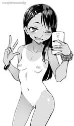 1girls areolae bangle belly belly_button black_hair black_nails blush bracelet breasts ear_piercing female female_focus female_only ghettoyouth grin hair hair_ornament hayase_nagatoro long_hair looking_at_viewer mirror_selfie monochrome nail_polish navel nipples nude oerba_yun_fang one-piece_tan one_eye_closed open_mouth painted_nails phone please_don't_bully_me,_nagatoro pussy raised_eyebrow ring rings scrunchie selfie simple_background small_breasts smartphone smile solo solo_female solo_focus tanline teenage_areola teenage_tits thigh_gap thighs tongue uncensored v wristband