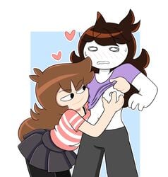 2girls areolae black_skirt blush breast_grab breasts breasts_out brown_hair female female_focus female_only hair heart highres jaiden jaiden_animations miniskirt multiple_girls nipples pants pleated_skirt shgurr shirt shirt_lift skirt sweat thrumbo undressing_another white_skin youtube youtuber yuri