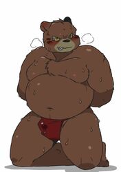 2020 angry anthro belly blush bodily_fluids brown_body brown_fur bulge clothing dagger_(sdorica_sunset) fur genital_fluids kemono kneeling male male_only mammal moobs navel nipples overweight overweight_male precum precum_through_clothing precum_through_underwear sdorica_sunset simple_background solo sweat ugarasi12 underwear ursid wet wet_clothing white_background