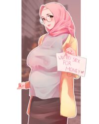 1girls arab_female arabian arabian_clothes arabian_female clothed female fully_clothed glasses hijab married_woman muslim_female pregnant pregnant_prostitute prostitution