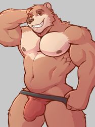 1boy 2020 3:4 acephlosion anthro biceps big_muscles black_nipples brown_body brown_eyes brown_fur bulge clothing eyebrows fur genital_outline genitals hand_behind_head hi_res humanoid_penis jockstrap looking_at_viewer male male_only mammal muscular muscular_male nipples one_eye_closed partially_clothed pecs penis penis_outline red_underwear simple_background smile solo standing thick_eyebrows topless underwear underwear_only ursid wink