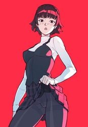 1girls backlighting blush cameltoe female female_only flashing light_source long_sleeves looking_at_viewer makoto_niijima nopan pantyhose persona persona_5 presenting_pussy pussy red_background short_hair skirt_lift solo suoiresnu turtleneck upskirt