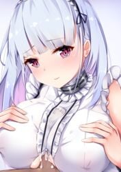 1boy 1girls azur_lane bare_shoulders breasts closed_mouth clothed_paizuri covered_nipples cum cum_on_body cum_on_breasts cum_on_upper_body dark-skinned_male dark_skin dido_(azur_lane) ejaculation female frilled_shirt frills hands_on_own_chest headdress highres large_breasts light-skinned_female light_skin long_hair looking_at_viewer paizuri penis pink_eyes royal_navy_(azur_lane) shirt silver_hair sleeveless sleeveless_shirt smile solo_focus umou_(may65879) underboob underboob_cutout white_shirt