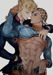 2boys abs blonde_hair clothes_lift erection giorno_giovanna guido_mista hat jojo's_bizarre_adventure kzhma muscular open_pants penis pubes skin_tight vento_aureo white_background yaoi