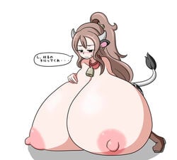 1girls blush breast_press collar cow_ears cow_girl cow_horns cow_tail cowbell embarrassed female_only gigantic_breasts haruozi horns hyper immobile lacto_(haruozi) oputon tail