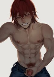 1boy abs backlighting eijirou_kirishima erection grin jeans kzhma light-skinned_male light_skin looking_at_viewer male male_focus male_only masturbation my_hero_academia open_pants penis_grab penis_out red_hair solo topless wet