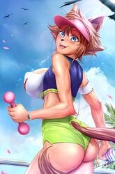 animal_ears animal_tail anthro athletic_female dat_ass dog_girl furry huge_ass huge_breasts krabby_(artist) monster_girl monster_musume_no_iru_nichijou nipples outdoor polt_(monster_musume) shorts sideboob smiling sportswear sporty tail top zumba