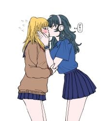 2girls blonde_hair blush chi_c_lov class_3-z female female_only fully_clothed genderswap_(mtf) gintama headphones kawakami_bansai kijima_matako kissing long_hair miniskirt official_alternate_costume pleated_skirt profile rule_63 school_uniform schoolgirl serafuku sweatdrop sweater teal_hair wavy_hair wholesome wristband yuri