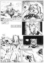 ... 2001 antelope anthro blood bodily_fluids bovid comic death duo english_text felid feral fur gazelle hair horn lion male mammal monochrome nude pantherine scale_(artist) text