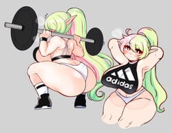 1girls adidas ass ass_cleavage back_view big_breasts blush breasts butt_crack clothed clothing dat_ass exercise female female_only from_behind jojoniumart long_hair looking_at_viewer looking_away mochi_(jojoniumart) panties ponytail shortstack simple_background solo squatting steam two_tone_hair weightlifting weights workout