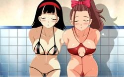 2girls arms_behind_back artemisumi black_hair blush bow_ribbon breasts brown_hair closed_eyes cocoa_amaguri diadem dragon_ball dragon_ball_super female female_only hair_ornament huge_breasts human milf multiple_girls partially_clothed shounen_jump tight_clothing videl waiting whentai