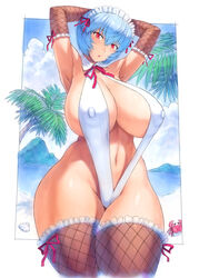 1girls alternate_breast_size beach big_breasts blue_hair blush breasts breasts_bigger_than_head female female_only gainax hair_ornament hair_ribbon huge_breasts huge_thighs human large_breasts mogudan neon_genesis_evangelion nipples nipples_visible_through_clothing pale-skinned_female pale_skin red_eyes rei_ayanami short_hair sling_bikini solo stockings swimsuit thick_thighs thighhighs voluptuous wide_hips