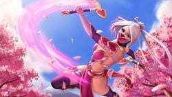 action_pose akali blue_eyes blue_sky cherry_blossoms female female_only heartseeker_akali iury_padilha kunoichi league_of_legends loincloth long_hair mask masked ninja pink pink_clothes scythe sickle sky thigh_highs trees valentine's_day weapon white_hair