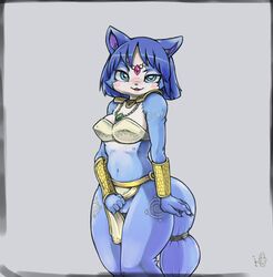 2017 accessory anthro blue_eyes blue_hair blush breasts canid canine clothing female fox fur genitals hair hair_accessory jewelry krystal mammal markings navel necklace nintendo nosen pussy shoulder_pads solo star_fox tailband tribal_markings video_games