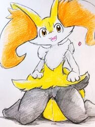 1girls 3:4 black_body black_fur bodily_fluids braixen chest_tuft colored_pencil_(artwork) dripping ears_up eiroru female fluffy_ears fur furry genital_fluids heart hi_res inner_ear_fluff kneeling looking_at_viewer nintendo open_mouth pokémon_(species) pokemon pokemon_(species) pokemon_xy pussy pussy_juice red_body red_eyes red_fur sketch smile solo tongue traditional_media_(artwork) tuft video_games white_body white_fur yellow_body yellow_fur