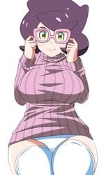 1girls aether_foundation alternate_breast_size alternate_outfit ass big_ass big_breasts black_hair breasts cameltoe chelsea_cola clothed clothes eye_contact eyelashes female female_only glasses green_eyes human large_breasts looking_at_viewer nintendo panties pokemon pokemon_sm pose purple_hair short_hair sitting smile solo source_request sweater thick_thighs thighhighs white_background white_panties wicke_(pokemon) wide_hips