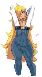 1boy arms_up astral_seven belt blonde_hair bulge denim femboy girly hair_over_one_eye high_pants hung_trap jeans long_hair male male_only meme_attire penis_shaped_bulge shio_(astral) sketch smile solo standing very_long_hair wide_hips