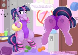 ass augustbebel dragon facesitting gym leotard my_little_pony non-anthro pony purple_eyes smooth_skin spike_(mlp) sweat tail thick_ass thick_thighs twilight_sparkle_(mlp)