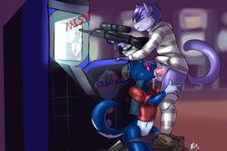 3:2 alternate_version_at_source arcade better_version_at_source bluecoffeedog bodily_fluids canid canine clothing cum felid feline genital_fluids genitals gun hi_res hoodie legwear male male/male mammal oral penis public ranged_weapon sex socks thibbycat topwear underwear weapon