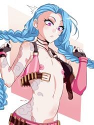 1girls belt_unbuckled black_fingernails black_nail_polish black_nails blue_hair braided_hair braided_twintails breasts breasts_out breasts_out_of_clothes bullet_necklace closed_mouth cyan_hair embarrassed exposed_breasts exposed_nipples female female_only fingerless_gloves flat_chest jinx_(league_of_legends) league_of_legends long_hair looking_down looking_down_at_self mr-poritan necklace nervous_sweat nipples pale-skinned_female pale_skin pink_eyes simple_background slim slim_waist small_breasts solo solo_female solo_focus surprised sweatdrop tiny_breasts true_flat_chest very_long_hair w_arms wardrobe_malfunction white_background