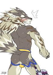 apin59 ass back_muscles backsack bael_(tokyo_afterschool_summoners) balls blush canid canine canis clothing genitals jackal jockstrap male male_only mammal muscular muscular_male pain perineum seth_(tokyo_afterschool_summoners) strap_snap tokyo_afterschool_summoners underwear video_games