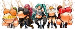 blush bondage breast_expansion cum_in_mouth cum_in_pussy embarrassed hatsune_miku hucow_charlotte huge_breasts hyper inflation kagamine_rin lactation lactation_through_clothes megpoid_gumi megurine_luka meiko milk_squirt multiple_girls multiple_pregnancies nipples one_bar_prison pregnant sachito squatting vocaloid