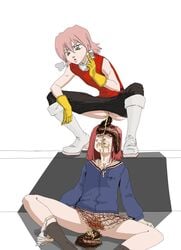 2girls cigarette clothing dominant_female drinking_urine female female_domination flcl haruko_haruhara humain_ashtray human_toilet lesbian lesbian_domination mamimi_samejima multiple_girls panties peeing scat skirt smoking white_background yuri