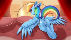 16:9 2020 absurd_res anus ass crashgall cushion cutie_mark digital_media_(artwork) dock equid equine eyelashes female feral friendship_is_magic genitals hi_res hooves looking_at_viewer mammal my_little_pony pterippus pussy rainbow_dash_(mlp) raised_tail solo underhoof wings