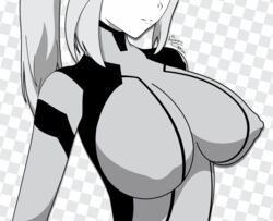 1girls arms_down beauty_mark big_breasts bodysuit breasts female female_only isaac-grim metroid monochrome nintendo nipples_visible_through_clothing ponytail puffy_nipples samus_aran simple_background zero_suit zero_suit_samus