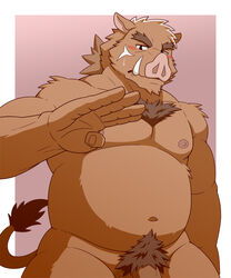 2020 anthro belly blush brown_body brown_fur fur genitals hi_res jacklantern_11 kemono male male_only mammal moobs navel nipples overweight overweight_male penis pubes simple_background solo suid suina sus_(pig) wild_boar