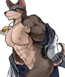 abs ass blush bodily_fluids canid canine canis chung0_0 chung0u0 clothing disembodied_hand dobermann domestic_dog eyewear hi_res male male_only mammal muscular muscular_male nude pecs pinscher sunglasses sweat tail_grab tears tokyo_afterschool_summoners undressing video_games xolotl