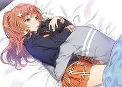 1boy 1girls bed bed_sheet breast_smother couple cuddling face_in_breasts female hair_ornament hand_on_head hug hugging jun_miyakawa kai_nakamura laying_on_bed male mmu orange_hair orange_skirt ore_no_onna_tomodachi_ga_saikou school_uniform smile wholesome