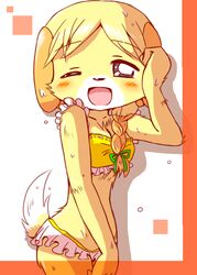 animal_crossing animal_crossing_new_leaf anthro canid canine cleavage clothing covering_navel domestic_dog female isabelle_(animal_crossing) nintendo noruu shih_tzu solo swimsuit tagme wet wet_fur