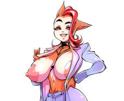 animal_ear_fluff areolae balak breasts cat_ears cat_girl clothed collar cropped female large_areolae large_nipples looking_at_viewer mohawk monique_pussycat navel no_bra official_art open_clothes pants pubic_hair pubic_hair_peek pubic_tuft raised_eyebrow red_eyes red_hair sagging_breasts solo super_fuck_friends upper_body