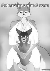 1boy anthro big_breasts black_fur breasts canid canine canis cover cover_art cover_page coyote cross cross_necklace duo empty_eyes female fur hi_res hug huge_breasts jewelry larger_female male male/female male_anthro male_scp-1471 mammal monochrome necklace penis scp-1471 scp-1471-a scp-2547 scp_foundation size_difference smaller_male title towel undead unusualmatias