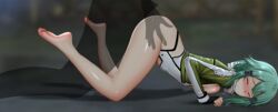 1boy all_fours aqua_hair asada_shino ass ass_grab barefoot blush breasts censored closed_eyes clothed_sex cropped_jacket doggy_style female ginhaha green_jacket gun_gale_online hair_ornament hairclip highres jacket looking_back male medium_breasts mosaic_censoring penis pussy sex shiny shiny_hair shiny_skin short_hair sinon solo_focus straight sword_art_online top-down_bottom-up vaginal_penetration