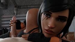 3d black_hair blender dark-skinned_female dark_skin egyptian female handjob indoors interracial large_penis light-skinned_male light_skin looking_at_viewer male nail_polish nude_male nude_male_clothed_female overwatch pharah sus-3d sweat tattoo