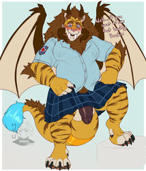 1boy blush chubby claws english_text fangs feline flaccid glasses hyucaze looking_at_viewer male male_only manticore middle_eastern_mythology mythology penis persian_mythology simple_background skirt slightly_chubby smile solo text wings