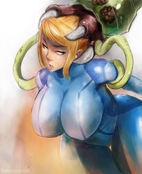 1girls 1monster attached bamboozle blonde_hair blue_eyes bodysuit brain_fuck brainwash brainwashed brainwashing eye_roll head_parasite huge_breasts interspecies metroid metroid_(creature) mind_control mind_fuck monster nintendo parasitic_possession restrained rolling_eyes samus_aran skintight skull_fucking zero_suit zero_suit_samus