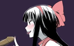 black_hair blue_eyes blush bow long_hair nakoruru open_mouth osa_k purple_background samurai_shodown smile tongue_out touching_penis