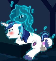 2020 absurd_res anal anal_sex anus badumsquish balls blue_eyes blue_hair blue_theme dildo equid feral friendship_is_magic genitals ghost hair hi_res horn male male/male mammal masturbation my_little_pony penetration possession sex_toy shining_armor_(mlp) solo spirit unicorn