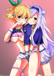 2girls blonde_hair blue_eyes bra breasts clothing cris1zcor3 female fingering fingering_partner green_eyes long_hair looking_at_viewer multiple_girls nipples no_panties panties purple_hair pussy_juice rokudenashi_majutsu_koushi_to_akashic_record rumia_tingel school_uniform sistine_fibel skirt smile wet wet_pussy whentai yellow_hair yuri