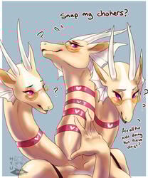 1girls 3_heads ? anthro blush choker conjoined dragon english_text eyelashes female female_only furry glasses horns hydra hyucaze milf multi_head scalie simple_background smile snap_my_choker solo text