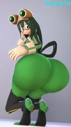 1girls 3d ass ass_focus big_ass bottom_heavy costume female female_only frog_girl gigantic_ass green_hair hero_outfit_(mha) huge_ass long_hair my_hero_academia oakensfm solo squatting tsuyu_asui woodworksfm