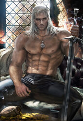 geralt_of_rivia male_only sakimichan shirtless sword the_witcher_(netflix) the_witcher_(series) white_hair yellow_eyes