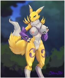 2020 3_fingers absurd_res anthro areola armwear big_breasts black_nose black_sclera blue_eyes border breast_fondling breast_grab breasts bridal_gauntlets canid claws clothing digimon digimon_(species) female female_only fingers fondling fur genitals hand_on_breast hand_on_hip hi_res looking_at_viewer mammal maraart_(artist) markings mostly_nude navel neck_tuft nipples outside purple_markings pussy renamon smile solo standing tuft white_body white_border white_fur yellow_body yellow_fur yin_yang