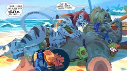 16:9 anthro beach big_breasts boon_digges breasts bulge clothing digital_media_(artwork) duo english_text fel_(my_life_with_fel) felid feline food gynomorph gynomorph/gynomorph hair hi_res hyaenid intersex intersex/intersex kenno_arkkan lying mammal outside pantherine pizza red_hair seaside swimwear text thong tiger underwear