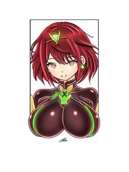 1girls bangs breasts female fenrirvancross gem hair_ornament headpiece jewelry large_breasts looking_at_viewer nintendo pyra red_hair simple_background solo stare swept_bangs tiara upper_body white_background xenoblade_(series) xenoblade_chronicles_2